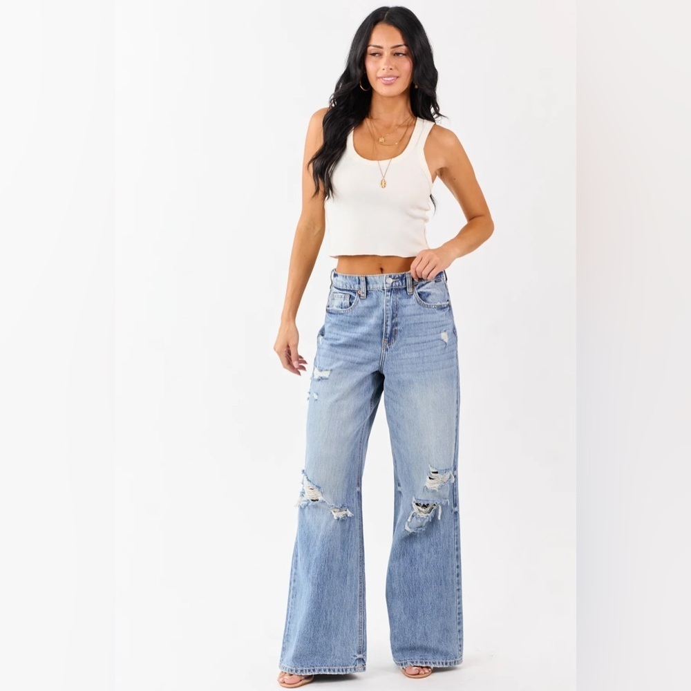 NWT Cello High Rise Ultra Wide Leg Distressed Denim Relaxed Fit Jeans - Picture 5 of 9